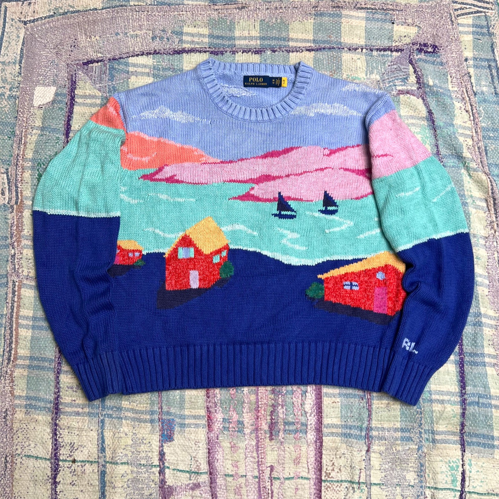 POLO Ralph Lauren Sweater XS TP Womens Blue Pink Scenic Sailing Intarsia Knit